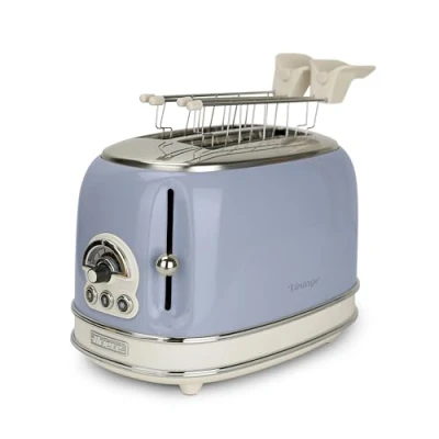 Abbildung von Ariete Vintage 155, 2 Scheiben Toaster, Retro Toaster mit 6 Toaststufen, Automatischer Auswurf, Auftaufunktion, Herausnehmbares Krümelfach, Gehäuse aus Edelstahl, Sandwichzangen, 810W, Blau