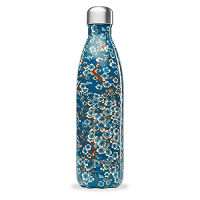 Abbildung von QWETCH Isothermische Originals Flasche Flowers Blau 750ml Nomadische Edelstahlflasche 24h Kalt und 12h Warm Wasserdicht, BPA frei &amp; wiederverwendbar