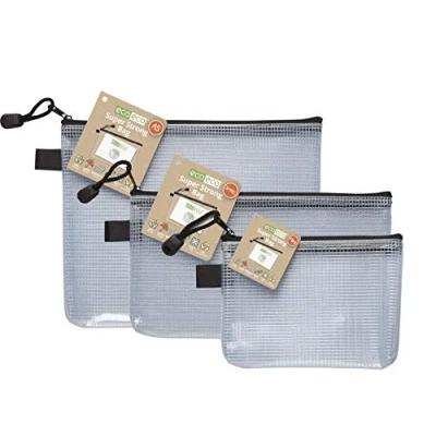 Abbildung von eco Mini Taschen, A5 und DL 95% recycelt, super stark, 3er Pack, wasserdichter Netzstoff, verstärkt, schwarzer Reißverschluss, ecoBundle36_37_38