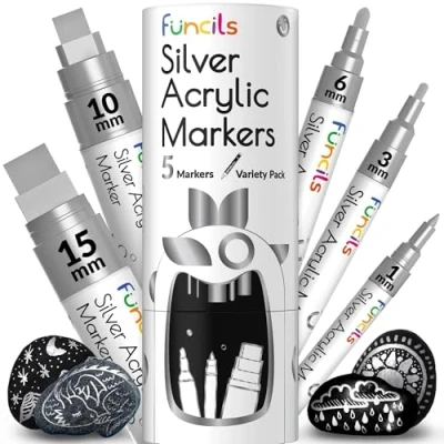 Abbildung von Funcils 5 Acrylstifte für Steine, Glas, Holz, Leinwand Silber Acryl Marker 1mm, 3mm, 6mm, 10mm, 15mm Spitze. Die Stifte sind ideal Erwachsene und auch Kinder.