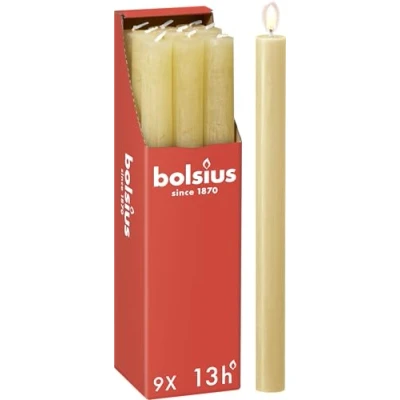 Abbildung von Bolsius Rustik Stabkerzen Beige 9 Stück 27 x 2.3 cm Länge Brenndauer 13 Stunden Unparfümierte Enthält Natürliches Pflanzenwachs Ohne Palmöl