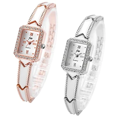 Abbildung von JewelryWe 2pcs Damenuhr Elegant Analog Quarz Armbanduhr Damen Strass Rechteckig Römische Ziffern Beiläufige Uhr Spangenuhr mit Metall Armband Rosegold/Silber
