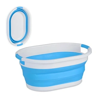 Abbildung von Relaxdays Wäschekorb faltbar, 36 l, Wäschewanne aus Kunststoff, platzsparend zusammenklappbar, mit Griffen, blau/weiß