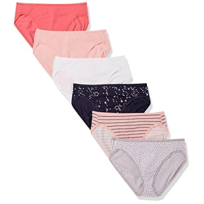 Abbildung von Amazon Essentials Damen Slip aus Baumwolle mit hohem Beinschnitt (in Übergröße erhältlich), 6er Pack, Mehrfarbig/Punkte/Sterne/Streifen, 42