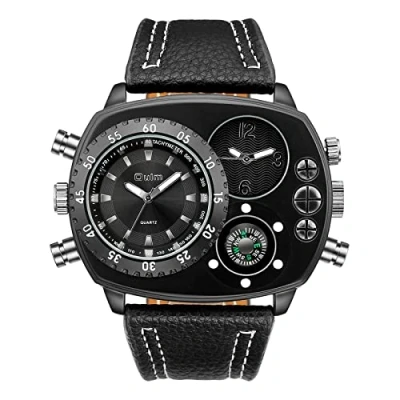Abbildung von JewelryWe Herrenuhr Analog Quarz Kompass Zwei Zeitzone Armbanduhr Männer Leder Armband Übergroße Uhr Sportuhr mit großem Rechteckigen Zifferblatt Schwwarz