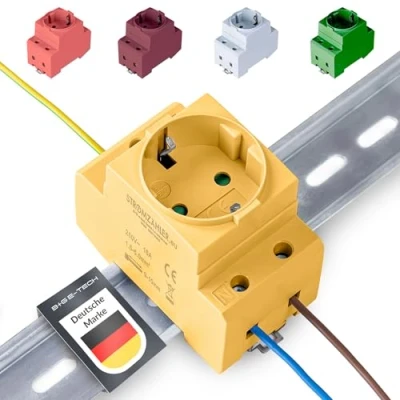 Abbildung von Schuko Steckdose [GS16] für Hutschiene 16A 230V 2P+E Einbausteckdose Verteilereinbau, Schaltschrank Zählerschrank Schutzkontaktsteckdose 35mm DIN Trägerschienenmontage (Gelb)
