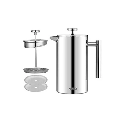 Abbildung von MaxMiuly Kaffeebereiter French Press 0,35 Liter Klein Kaffeezubereiter Doppelwandige Edelstahl Französische Kaffeepresse mit 2 Extra Sieben, Silber 350ml (2 Tassen)