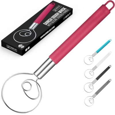 Abbildung von ORBLUE Dänischer Teigbesen mit silikonbeschichtetem Griff, Edelstahlmixer, Rouge Red