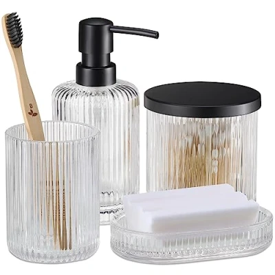 Abbildung von Navaris Badezimmer Set 4 teilig aus Glas dekoratives Badzubehör mit Zahnputzbecher Seifenspender Seifenschale Glasdose Bad Accessoires Schwarz