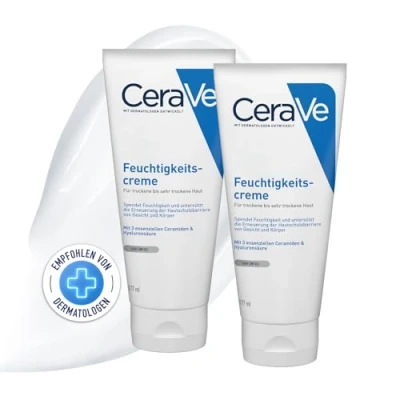 Abbildung von CeraVe Feuchtigkeitscreme für Körper und Gesicht, Langanhaltende Feuchtigkeit trockene bis sehr Haut, Seidige Textur, Mit Hyaluron 3 essenziellen Ceramiden, 2 x 177 ml