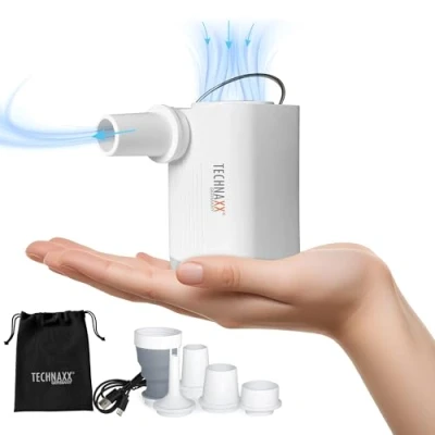 Abbildung von Technaxx Mini Akku Luftpumpe Pro TX 299 3600 mAh Wiederaufladbare Elektrische mit Powerbank, LED Licht, 5 Düsen, Aufbewahrungstasche Tragbare Kabellose für Aufblasbares