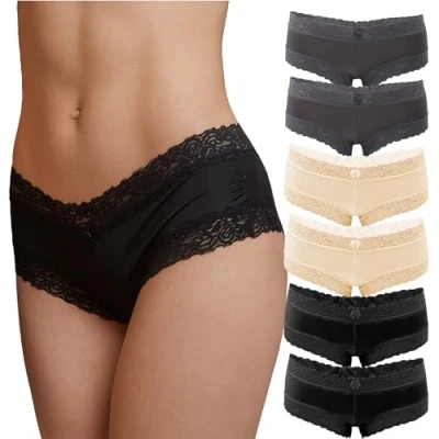 Abbildung von Fabio Farini 6er Pack Damen Panties Hipster mit verführerischen Spitzendetails Frauen Unterhosen Brazilian Slips Brasil Spitze Set Unterwäsche 2X Grau/2x Beige/2x Schwarz 40 42