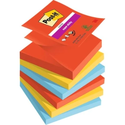 Abbildung von Post it Super Sticky Z Notes Playful Collection, Packung mit 6 Blöcken, 90 Blatt pro Block, 76 mm x mm, Rot, Gelb, Blau Extra stark klebende Notizzettel für Notizen, To Do Listen und Erinnerungen