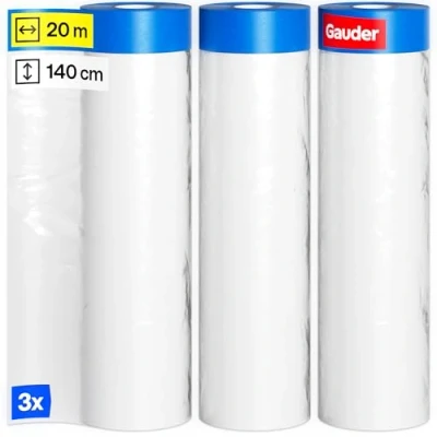 Abbildung von GAUDER 3 Rollen Abdeckfolie mit Klebeband (140 cm x 20 m) Malerband Folie 84 m² Malerfolie 3er Set Abklebefolie perfekt für Fenster, Türen und Schalter