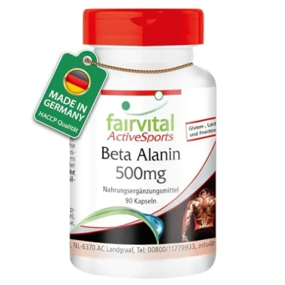 Abbildung von Fairvital Beta Alanin 500mg 90 Kapseln beliebte Aminosäure ohne Einrühren von Pulver 100% vegan Qualitätsgeprüft und hochdosiert Made in Germany