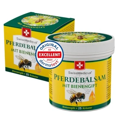 Abbildung von SwissMedicus Pferdebalsam mit Bienengift &amp; 25 Kräuter gleichzeitig kühlen und wärmen zur Massage der Haut im Bereich beanspruchter Rücken Gelenke (150 ml)