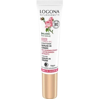 Abbildung von LOGONA Naturkosmetik straffende Serum in Creme Augencreme, feuchtigkeitsspendende für eine geglättete Augenpartie, vegane Augenpflege mit Kollagen und Bio Rosenextrakt, Moisture Lift, 15ml