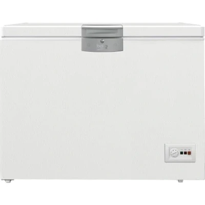 Abbildung von Beko HSM22340 Gefriertruhe, Kühltruhe, 230 l Nutzvolumen, 2 Gefriergutkörbe, Temperaturalarm, abschließbar, LED Anzeigesystem, Innenbeleuchtung, 35 db(A), Transportrollen, Weiß