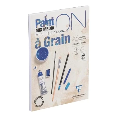 Abbildung von Clairefontaine 975048C Zeichenblock / Skizzenheft PaintON à grain/gekörnt, DIN A5 14,8x21 cm, kopfseitig geleimt, 20 Blatt, 250g, 100% Zellulose, ideal für Mixmedia, Weiß, 1 Stück.