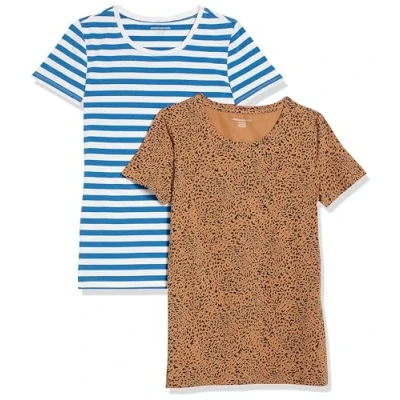 Abbildung von Amazon Essentials Damen Kurzärmeliges T Shirt mit Rundhalsausschnitt, Klassischer Schnitt, 2er Pack, Blau Streifen/Kamelbraun Tier, XL