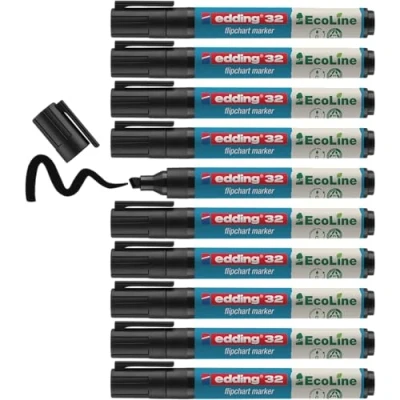 Abbildung von edding 32 EcoLine Flipchartmarker schwarz 10 Stifte Keilspitze 1 5 mm zum Schreiben, Zeichnen auf Flipcharts Tinte schlägt nicht durch Papier trocknet aus nachfüllbar
