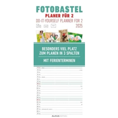 Abbildung von Alpha Edition Foto Bastelplaner für 2 2025 Bastelkalender, 19,5x45cm, Do it yourself Kalendar mit 3 Spalten Termine, Ferienterminen DE/AT/CH, Mondphasen und deutchem Kalendarium