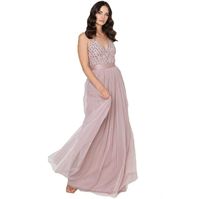 Abbildung von Maya Deluxe Damen Maxi Abendkleid Elegant Für Hochzeit Mit V ausschnitt Tüllkleid Schleife Brautjungfernkleid, Frosted Pink, 42 EU