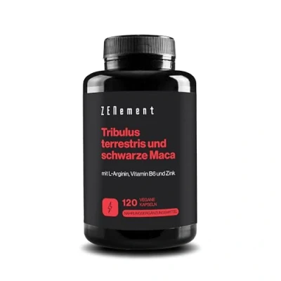 Abbildung von Tribulus Terrestris, 90% Saponinen mit Schwarze Maca, L Arginin, Vitamin B6 und Zink Erhöht Muskelmasse, Kraft, Ausdauer Energie Laborgeprüft, hochdosiert Zenement