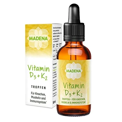Abbildung von MADENA Vitamin D3 und K2 Menachinon all trans MK 7, Tropfen hochdosiert, 50ml in MCT Öl, hohe Bioverfügbarkeit, vegan ohne Zusätze