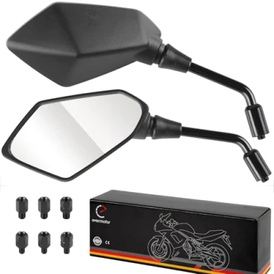 Abbildung von Evermotor Universal Motorrad Rückspiegel Spiegel E Geprüft 2x M10 Rechtsgewinde, M8 Rechtsgewinde + 1x Linksgewinde, für Quad Roller ATV Moped Scooter Schwarz