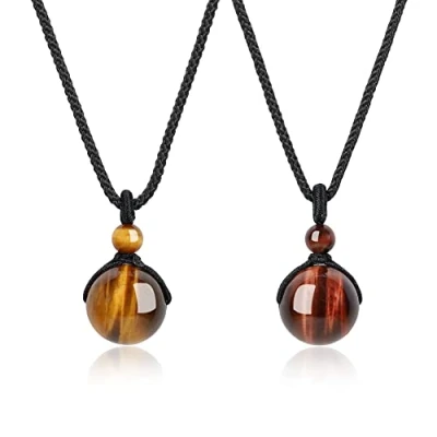 Abbildung von COAI Geschenkideen Pärchen Kette mit Perle Anhänger aus Gelbem Tigerauge und Rotem 2STK