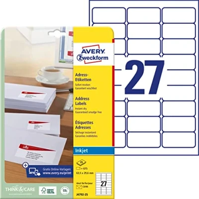 Abbildung von AVERY Zweckform J4792 25 Adressetiketten/Adressaufkleber (675 Etiketten, 63,5x29,6mm auf A4, bedruckbar, selbstklebend, für DIN B6/C6 Briefkuverts, Papier matt, Inkjet Drucker) Blatt, weiß