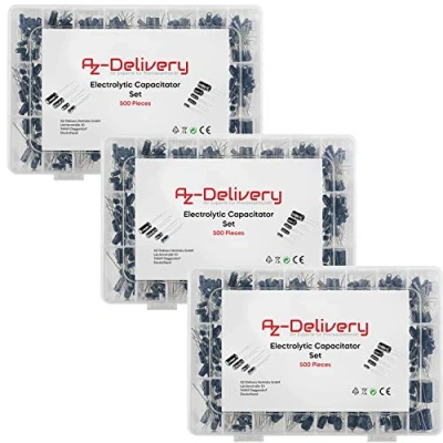 Abbildung von AZDelivery 3 x ElKo Sortiment Elektrolytkondensator Aluminium 24 Werte 500 Stück 0.1uF 1000uF mit Aufbewahrungsbox kompatibel Arduino inklusive E Book!
