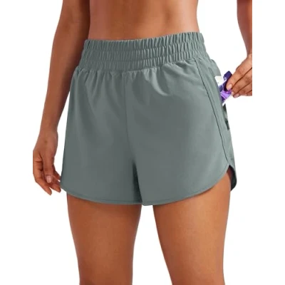 Abbildung von CRZ YOGA Damen Kurz Sporthose Laufhose High Waist Fitness Sport Shorts Kurze Hose mit Reißverschlusstasche Grauer Salbei 42