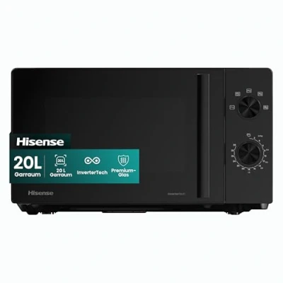 Abbildung von Hisense H20MOBP1HI Mikrowelle /20 L /700W /InverterTech/Keramikbeschichtung/Premium Glass/Maßgeschneidert, Mehrphasiges Kochen/Auftaufunktion/Fünf Powerstufen/Kindersicherung/Schwarz