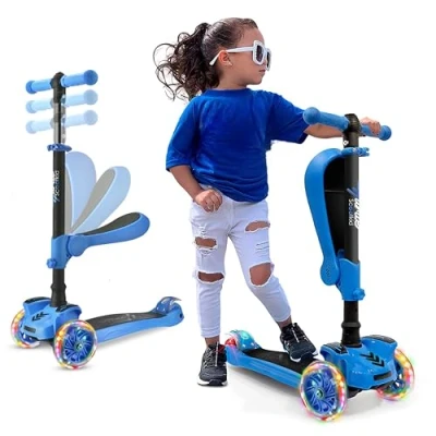 Abbildung von Hurtle 3 Rad Roller für Kinder 2 in 1 Kleinkinder Roller, sitzend/stehend mit Klappsitz, höhenverstellbar, breite Brücke, Blinker, jährige Jungen/Mädchen HURFS56 (Blau)