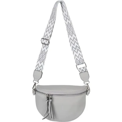 Abbildung von styleBREAKER Damen Halbmond Crossbody Schultertaschen Einfarbig, verstellbarer Schultergurt mit Zick Zack Rauten Muster 02012401, Farbe:Hellgrau
