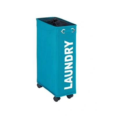 Abbildung von WENKO Wäschesammler Mod. Corno Petrol, Stabiler schmaler Wäschekorb mit Vier leichtgängigen Rollen und Deckel, Wäschetruhe aus 100% Polyester, Fassungsvermögen 43 L, (B x H T): 18,5 60 40 cm