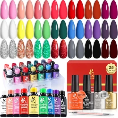 Abbildung von Lavender Violets UV Gel Nagellack Set 25 stück Weiß Rosa Schwarz Blau Grün Rot Splitter Glitzernd Mit Blooming Gel, Base &amp; Matte Glänzende Top Coat Geschenke für LED Shellac Nägel Maniküre C997