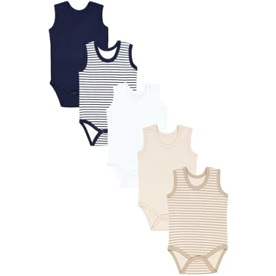 Abbildung von TupTam Baby Jungen Achselbody Weicher Body im 5er Pack aus Baumwolle, Unifarben OEKO TEX zertifiziert, Farbe: Streifen Hellbeige Dunkelblau, Größe: 116