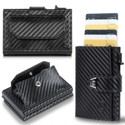 Abbildung von GenTo Slim Wallet mit Münzfach Geldbeutel Herren für 10 Karten Geldbörse RFID Schutz Smart kleines dünnes Kartenetui Portemonnaie (Carbon, Maxi Münzfach)