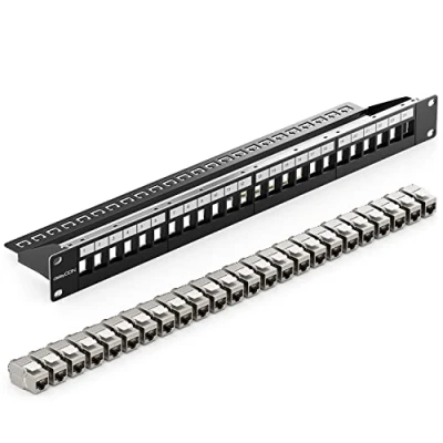 Abbildung von deleyCON 24 Port Patchpanel Set Patchfeld Modular 1 HE 19&quot; Zoll Rackeinbau + 24x RJ45 Keystone Module CAT6a Kompatibel mit CAT5 CAT6 CAT7 LAN Netzwerkkabel Verlegekabel Schwarz