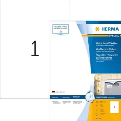 Abbildung von HERMA 4602 Wetterfeste Folienetiketten für Inkjet Drucker, 40 Blatt, 210 x 297 mm, 1 pro A4 Bogen, Stück, selbstklebend, bedruckbar, matt, Klebeetiketten Aufkleber Tintenstrahldrucker, weiß