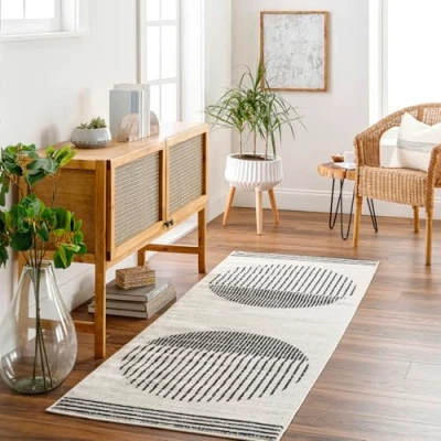 Abbildung von Surya Nairobi Teppich Läufer, Wohnzimmer, Esszimmer, Flur Moderne Boho Geometrisches Muster Weicher Skandinavisch Wohnzimmerteppich Schwarz, Grau, Anthrazit Läufer 80x220cm