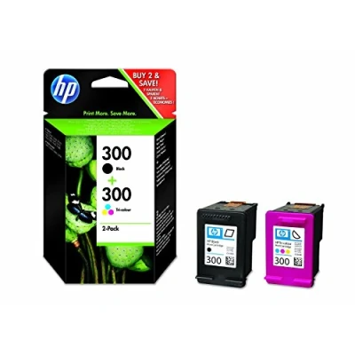 Abbildung von HP 300 original Tintenpatrone CN637EE schwarz und dreifarbig Standardkapazität 2 x 4ml schwarz: 200 Seiten Farbe: 165 2er Pack