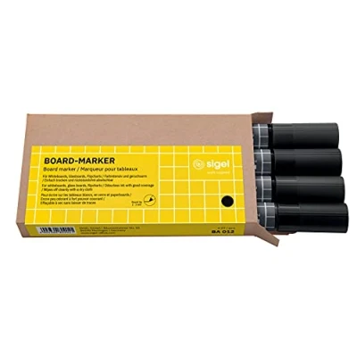 Abbildung von SIGEL BA012 Board Marker trocken und feucht abwischbar schwarz Rundspitze 2 3 mm 4 Stück für Glas Magnettafeln, Whiteboards Flipcharts