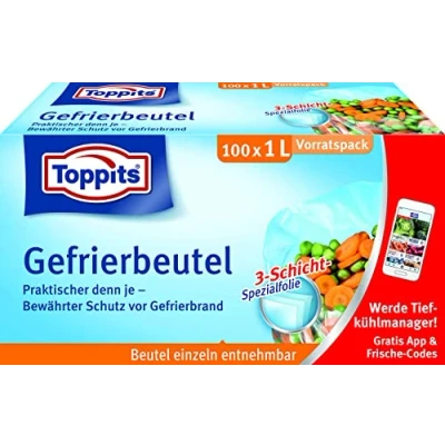 Abbildung von Toppits Gefrierbeutel Vorratspack, 1 Liter, 100 Stück, Standboden, Transparent