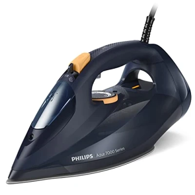Abbildung von Philips Azur 7000 Series Dampfbügeleisen 3000W, 55 g/min Kontinuierlicher Dampf, 250 g Dampfstoß, Vertikaldampf, SteamGlide Elite Bügelsohle, Dunkelblau/Gelb (DST7060/20)