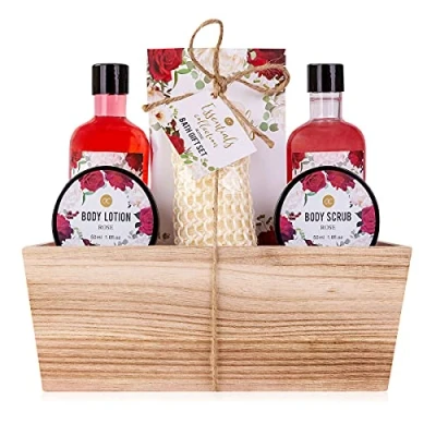 Abbildung von Accentra Duschset Frauen Geschenkset ROSE im Holzkorb 6 teiliges Pflegeset mit Duschgel, Schaumbad, Badesalz, Bodylotion &amp; mehr Wellness Geschenk Set zum Geburtstag, Valentinstag Weihnachten