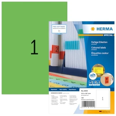 Abbildung von HERMA 4404 Farbige Etiketten grün, 100 Blatt, 210 x 297 mm, 1 pro A4 Bogen, Stück, selbstklebend, bedruckbar, matt, blanko Papier Farbetiketten Aufkleber